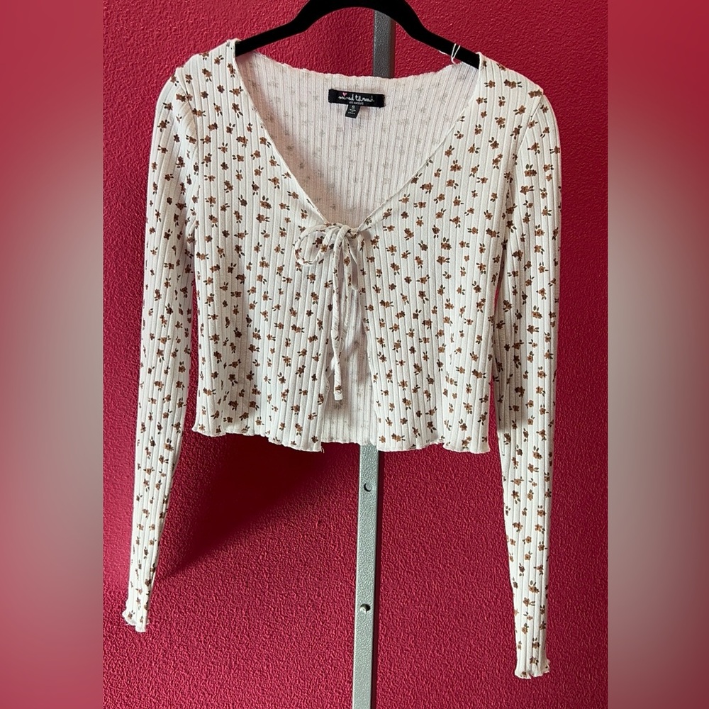 Cream Ribbed Floral Tie-Front Long Sleeve Top